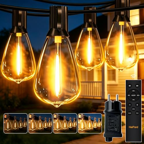 HeiPard LED-ljusslinga för utomhusbruk Storm 10 m, ST38 trädgårdsljusslinga med 15+1 glödlampor & fjärrkontroll Timer, IP45 vattentät utomhusbelysning, varmvit deko för terrass, balkong, fest