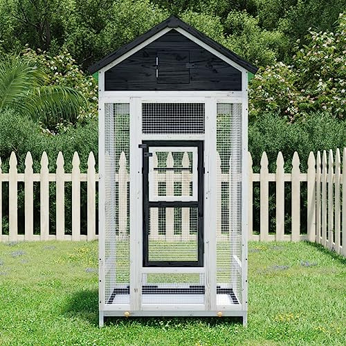 Large Bird House Grey 91.5x53x170 cm Solid Pine Wood Aviary with Nesting Box Perches and Water-Resistant Roof for Outdoor Garden Use