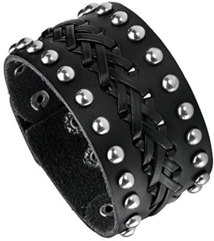 Milakoo Bracciale di pelle a fascia larga con borchie metalliche unisex nero con borchie di metallo in stile motociclista punk rock largo cintu