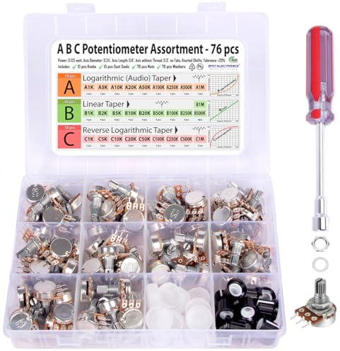 76 pcs A B C, Logarithmic, Linear, Reverse Log. 1K, 2K, 5K, 10K, 20K, 50K, 100K, 250K, 500K, 1M Potentiometer Pot Assortment