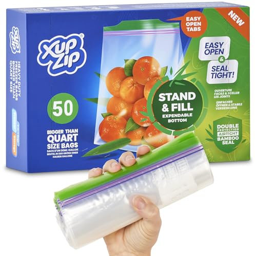 XupZip Sacs de Rangement pour Aliments et Congélation, Étanches, Hermétiques, Réutilisables Sans BPA - Demi-Gallon / 2,27 L - 50 Pièces