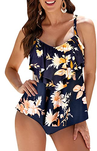 WIN.MAX Femmes Tankini Maillots de Bain Ensembles Taille Haute à Volants Volant 2 pièces Bikini Ensemble Maillot de Bain Grande Taille(Rose Sauvage,EU44)