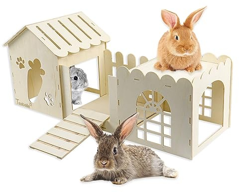 Large Rabbit Wooden Hideout House, Multi-Chamber Small Animal Wooden Castle Cage, Bunny Playhouse Habitat Decor Tunnel for Dwarf Rabbit Guinea Pig Chinchilla Hedgehog Squirrel