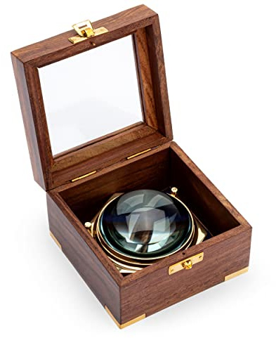 NKlaus Maritim 10 cm Lupe aus Messing in der Holzbox mit Glasdeckel Vergrößerungsglas Leselupe 11726