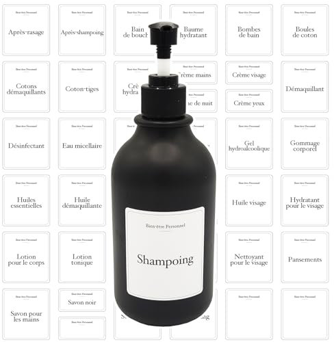 Étiquettes Bien-être Personnel francais, en matériau imperméable et lavable/etiquette salle de bain francais, salle de bain accessoire douche, flacon pompe vide, étiquette bocaux, soap dispenser