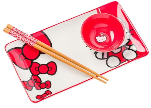 Silver Buffalo Sanrio Hello Kitty Red and White Bow Ceramic Sushi Set with Dipping Sauce Dish and Matching Chopsticks