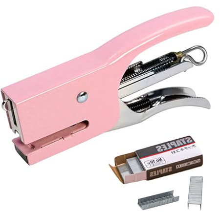 SHUBEIEUMI Heftzange, Manueller Hefter, Ergonomisches Design aus Metall, 1000 Kleine Büroklammern, Handhefter aus Stahl für Büro, Schule und Zuhause (Rosa)