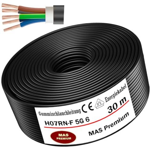 MAS Premium Cavo di alimentazione in gomma H07RN-F 5G1,5, 2,5, 4, 6 o 10, cavo flessibile con conduttore di protezione per dispositivi pesanti (H07RN-F 5G6 mm², 30 m)