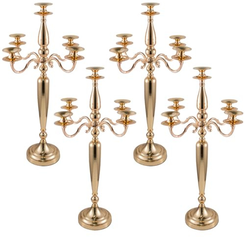 Vincidern 28'' Tall Gold 5 Arm Candelabra Centerpieces for Table, 4pcs Taper Candle Holder for Wedding Decoration, Party, Event, Christmas Candelabra