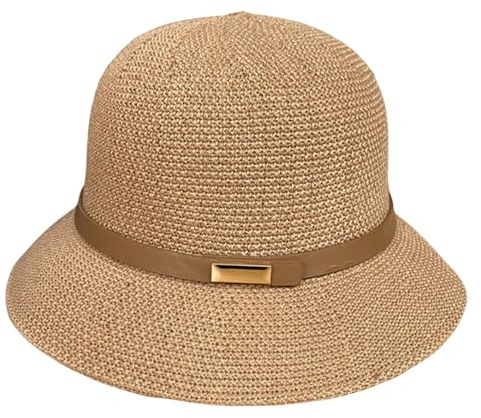 Hperu Chapeaux de Cloche d'été Femme Paille Cloche Chapeau Court-Coiffeur d'été avec Ceinture pour Les Femmes d'été Cadeau Kaki Chapeaux