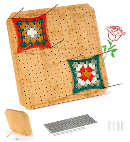 CraftyManor 12.5 in Crochet Blocking Board and Pins, Wooden Blocking Board for Crochet and Knitting Projects,Granny Square Blocking Board with 20 Stainless Steel Pegs, Bamboo Crochet Accessories