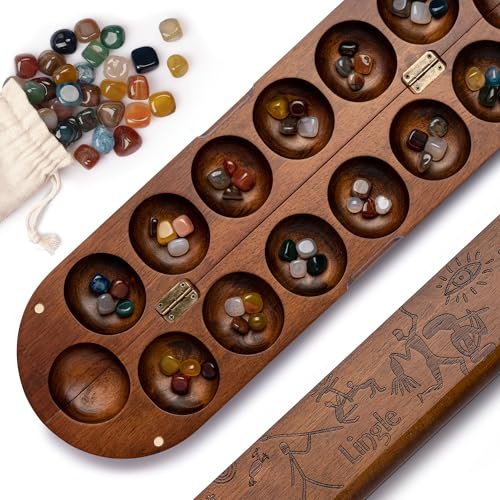 Lingle Deluxe Mancala Set: Real Wood Hinged Board with 48 Natural Multicolor Stones - Authentic African Petroglyphs, Foldable Design for 2-Player Strategy Game