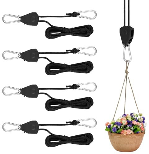 VMUTGA 4 Stück Ratchet Hanger, Einstellbare Seil Seilhaken Ratsche Seilratsche 2M, Duty Heavy Rope Seilratsche mit Haken, Tragkraft 68kg, für Pflanzen, Ventilator, Licht, Zimmerpflanzen(Schwarz)