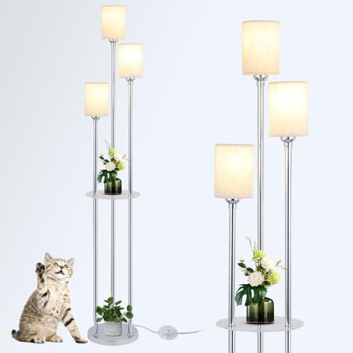Rayofly Lampada da terra moderna con ripiano per soggiorno, camera da letto, ufficio, lampada cromata a 3 luci con paralume in lino e interruttore a pedale
