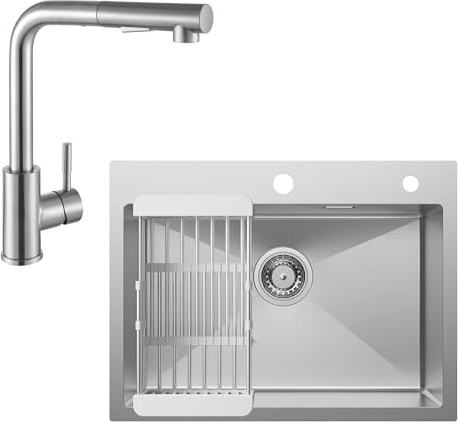 CECIPA Lavello Cucina 1 Vasca 60 x 45cm con Rubinetto, Lavandino Cucina in Acciaio Inox quadrato, Lavabo Piccolo Montaggio Incasso o Superiore, Superficie Spazzolata, con Scolapiatti e Sifone