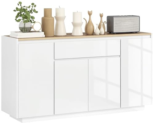HOMCOM Credenza Cucina con 3 Armadietti a 4 Ante, Mobile Cucina Moderna con Cassetto, Ripiano Regolabile e Ante Soft-Close, Madia in Legno MDF per Soggiorno, Sala da Pranzo, 140x40x75 cm, Bianco