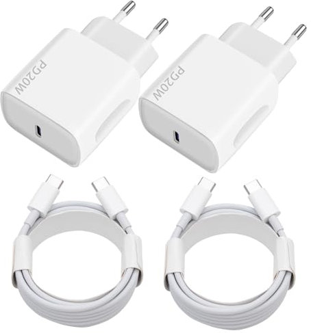 Cargador USB C de 20 W, 2 paquetes de enchufe USB C, cargador rápido con 2 x 2 m, cable USBC, cargador USB rápido para iPhone 16 15 Plus Pro Max Samsung Galaxy iPad Huawei Xiaomi, toma USBC