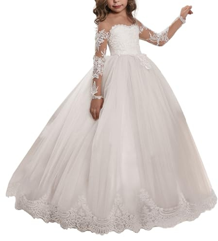 Aibaowedding Abito da Bambina con Ricami in Pizzo, Schiera V-Rücken, Senza Maniche, con Gonna Svasata, 8-9 Anni