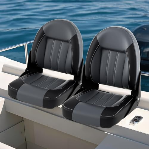 GOPLUS Lot de 2 Sièges de Bateau, Chaises de Bateau Pliantes avec Dossier Haut, Rembourrage en Éponge, Cuir PVC Imperméable, Boulons de Fixation, Sièges Rabattables de Capitaine pour Pêche,46x52x58CM