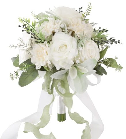 Floinla Ivory & Sage Wedding Bouquets for Bride Bridesmaids, Bridal Bouquet for Wedding Silk Artificial Flowers