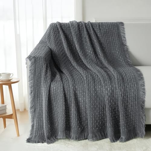 Exclusivo Mezcla Manta Tejida de Punto con Flecos para Sofá, Ligera,Transpirable y Fresca para Verano, Manta Cama de Aire Acondicionado, Lavable a Máquina, 130x150 cm, Gris Oscuro