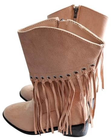 Botas de vaquero para mujer, medianas y altas, con flecos, botas de equitación de ante con tacón de bloque, botas vintage con flecos, suela suave, botas de invierno Chelsea, caqui, 41 EU