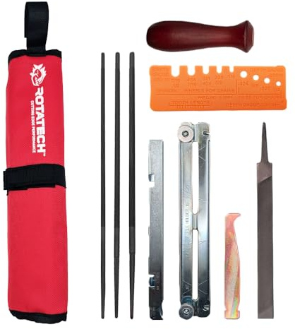 Rotatech Chainsaw Chain Sharpening Kit. Chainsaw Chain Sharpener with 5/32 (4mm), 3/16 (4.8mm) & 7/32 (5.5mm) Round Files, Handle, Flat File, Filing Guide & Pouch.