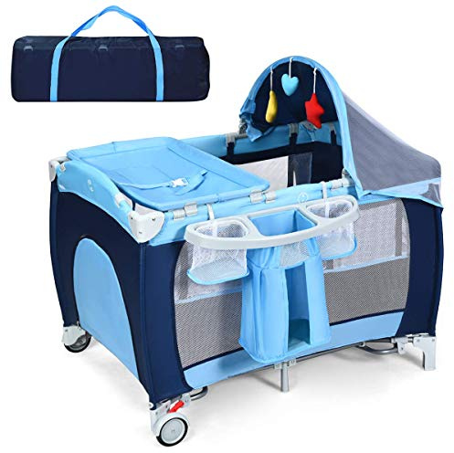 GOPLUS Cuna 3 en 1, Cuna de colecho para bebés de 0 a 3 años con mosquitera, Cama Infantil con Ruedas, Cama de Viaje Plegable con Cambiador, con Juguetes Colgantes, 120x60x76 cm, Azul