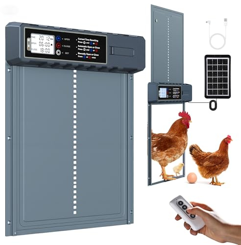 FabStyl XL Puerta Gallinero Automatica con Panel Solar de 3W, Puerta Automatica Gallinero con Encendido y Apagado Temporizado y Protección Antipinzamiento, Aluminio, Gris