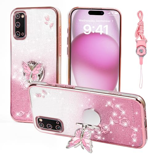 GHTUGHN För Samsung Galaxy S20 mobilskal, för mobiltelefon fodral för S20 kvinnor och flickor, glitter fjäril-blomma TPU skyddande fodral med stativ + rem fodral skydd för Samsung S20 (rosa)