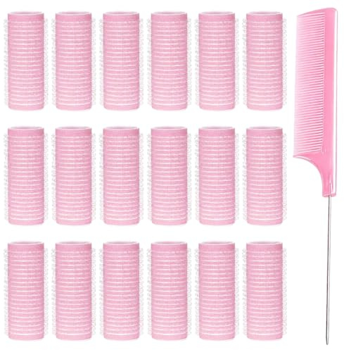 PHYNDR 18 Pezzi Bigodini Auto Presa Piccoli per Parrucchieri Salone Rulli Ventilati Parrucchiere con 1 Pettine a Coda di Ratto Strumenti per Bigodini per Parrucchieri per Donna（Rosa）