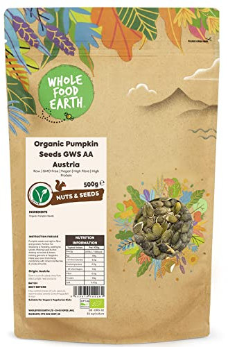 Wholefood Earth Organic Pumpkin Seeds GWS AA Austria 500g Raw | GMO Free | Vegan | High Fibre | High Protein | Certified Organic