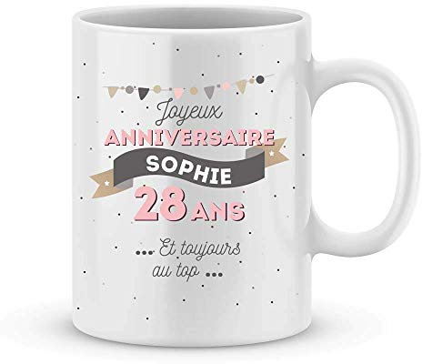 Mug Joyeux anniversaire pour fille à personnaliser avec prénom et âge - Cadeau personnalisé anniversaire - Cadeau personnalisé pour soeur, maman, copine, mamie etc..