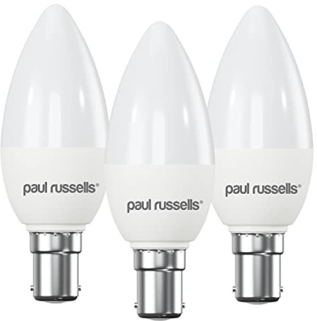 paul russells LED Light Small Bayonet Cap B15, 60watt Equivalent, 6.5W 806LM LED Bulbs, 2700K Bright Warm White, Frosted C35 SBC Candle Energy Saving Non-Dimmable Chandelier Lightbulbs, 3 Pack