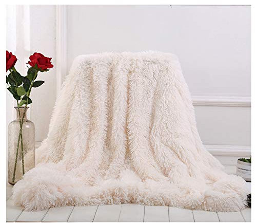 Hggzeg - Manta de pelo largo sintético súper suave y elegante, cobija decorativa mullida y acogedora para sofá, silla y cama (blanca, 160 x 200 cm)
