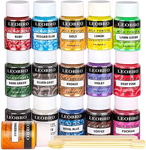 LEOBRO Epoxidharz Farbe, 16er×10G Metallic Mica Pulver mit löffel und Rührstäbchen, Seifenfarbe Pigmente Pulver, Resin Farbe für Epoxidharz, Seife, Gießharz, Badebombe, Kerze, Kosmetik, DIY