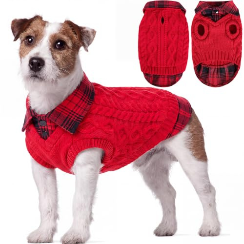 CITÉTOILE Suéter de Invierno para Perros, suéteres de Cuadros de Punto de Cuello Alto, Ropa de Cachorro con Agujeros de Correa, suéteres de Invierno para Mascotas de Todos los tamaños, Rojo, XL