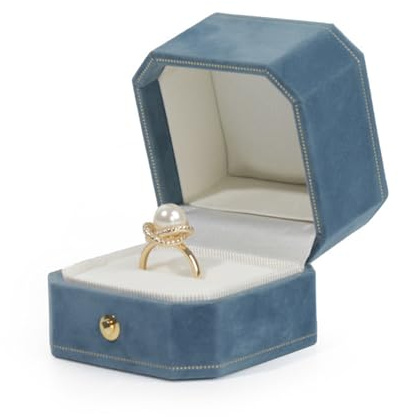 WHSLILR Velvet Ring Box - Octagon Engagement Ring Box with Hinged Lid for Proposal Engagement Wedding, Proposal Ring Case Jewelry Box with Gold Lace PRB001