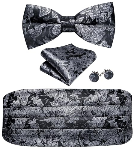 Barry.Wang kummerbund fluga set för män, silke kummerbund förbunden fluga ficka fyrkantiga manschettknappar, Silverblomma, en storlek