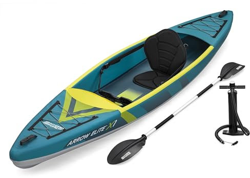 Bestway Hydro Force Kajak-Set Arrow Elite X1, 365 x 73 x 30 cm, 1 Person, 160 kg, Touring-Kajak, 2 abnehmbare Finnen, Fußstütze, verstellb. Sitz, Ruder, Pumpe, Transportrucksack, FortiFiber-Material