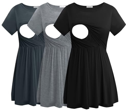 Smallshow Maglia Allattamento Donna Maniche Corte Maglietta Premaman 3-Pack,Black-Dark Grey-Light Grey,M
