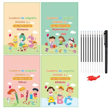 Cuaderno Magico Caligrafia Español - 4 Piezas Cuadernos de escritura a mano en español para niños, Cuaderno para practicar la escritura en español, Cuaderno Reutilizable Borrable de Práctica