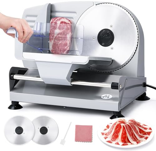 Moongiantgo Cortadora de Fiambre Casa Cortafiambres Eléctrico Profesional con 2x Cuchilla de Acero Inox Extraíble, Ø190mm, Regulador de Grosor 0-15mm, para Pan/Corte Jamon/Carne/Queso/Embutido (200W)