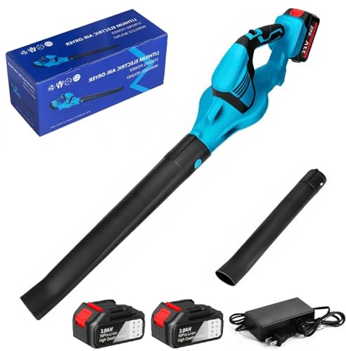 Soffiatore a Batteria, 21V Soffiatore Elettrico con 3,0Ah Batteria e Caricabatteria, 210Km/h,20000 RPM, Ventilatore ad Aria Potente per la Cura Del Prato (con 2 batterie)