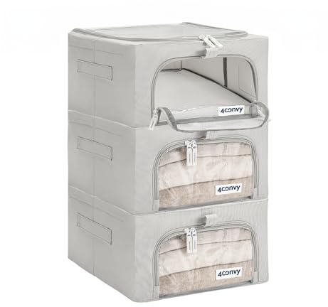 4CONVY Cajas de Almacenaje de Ropa para Armario con Cremallera y Estructura Metálica, 2 Ventanas Transparentes - Cajas Rígidas Apilables - Bolsas de Almacenaje para Ropa, Mantas y Edredones - 3x24L