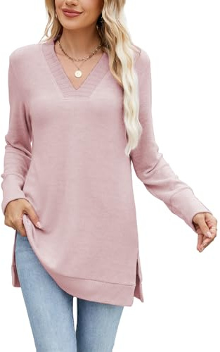 Famulily Women's Long Sleeve Tops Lightweight V Neck Longline Jumper Side Splits Loose Fit Tunic Sweaters Pink XL