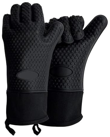 Oven Gloves Heat Resistant Silicone Oven Mitts Waterproof Non-Slip BBQ Gloves for Outdoor BBQ Grilling, Baking, Cooking, Microwave & Weber Barbecue, Black 1 Pair