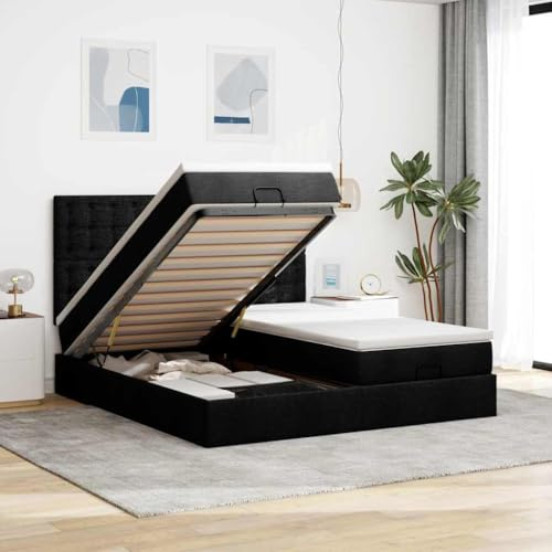 Hoopleep Svart tyg Ottoman förvaringsbädd, 160 x 200 cm drottningsplattform sängram med headboard, hydraulisk lyft, fickfjäder mattress, tvättbar topp, metall och träkonstruktion för sovrum