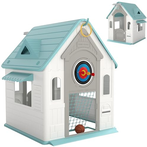 AIYAPLAY Casetta da Giardino per Bambini 5 in 1 con Palla da Basket, Anelli, Freccette, Porta Calcio, Porte e Finestre, Casa Gioco Casetta da Interno per Bambini 2-5 Anni, 132x118x124 cm, Multicolore