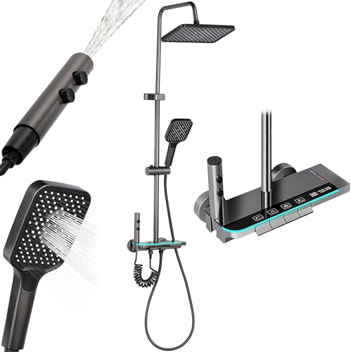 Altaudia Columna de Ducha Termostática con Pantalla LED - 4 Vías Agua (Lluvia 30×20cm, Teleducha, Spray 3 Modos, Chorro) Material Inox/ABS, Izq. Caliente/Der. Fría, Altura Regulable (Negro)